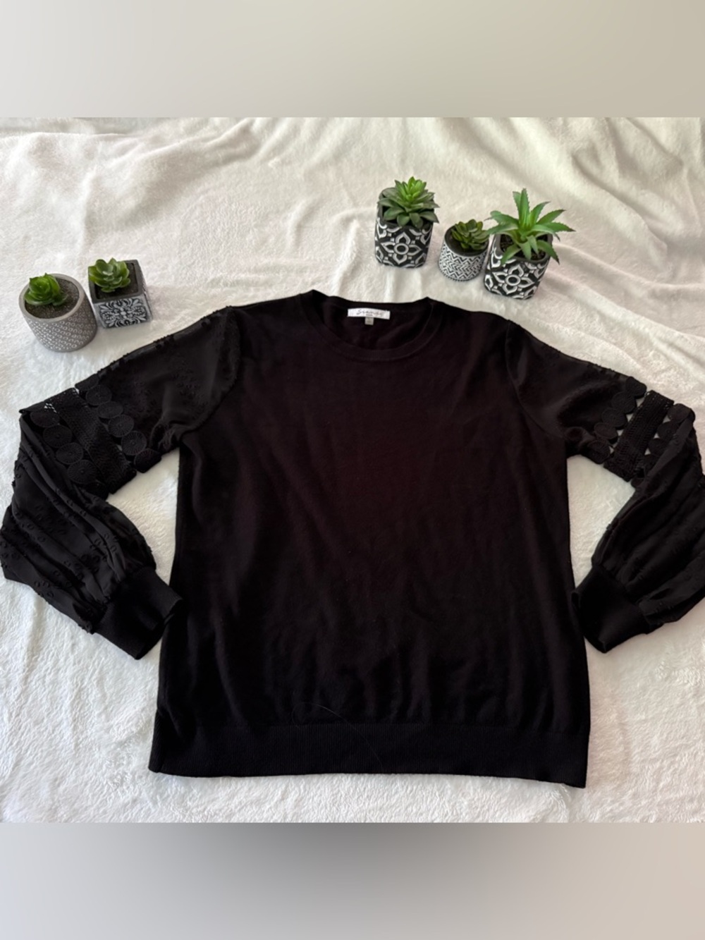 Siani Milano Black Sheer Lace Balloon Sleeves Knit Bodice Crewneck Top L